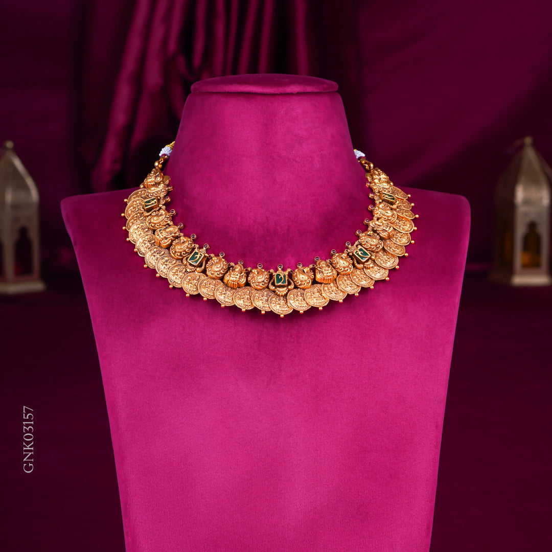 Traditional Temple Coin Gold Necklace with Lakshmi Motifs