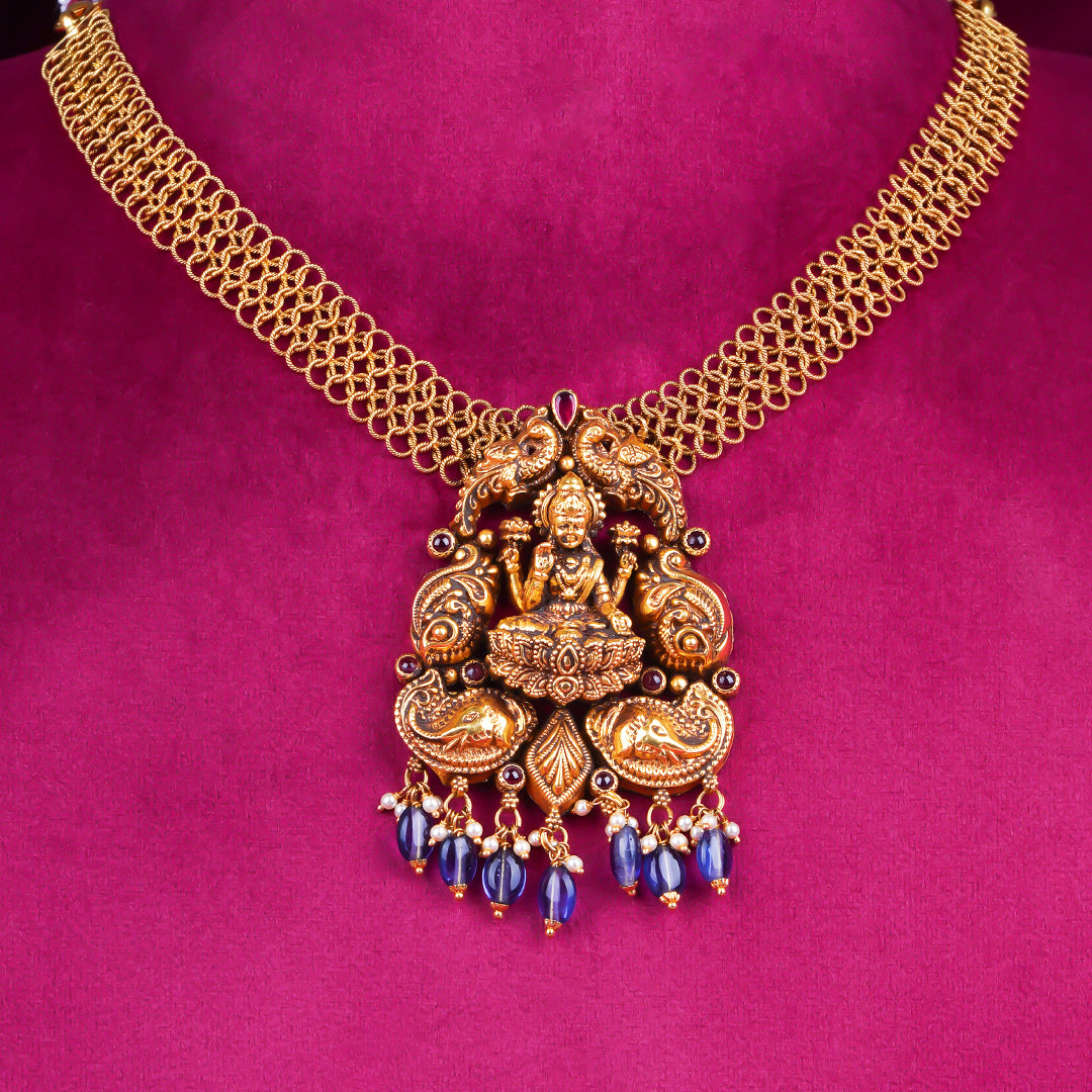 Temple Lakshmi Gold Pendant Necklace with Blue Stone Drops