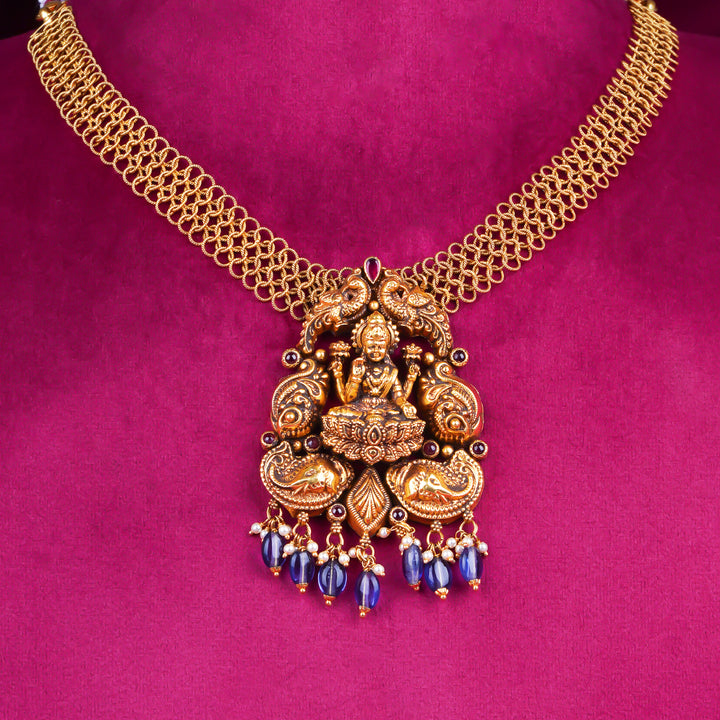 Temple Lakshmi Gold Pendant Necklace with Blue Stone Drops
