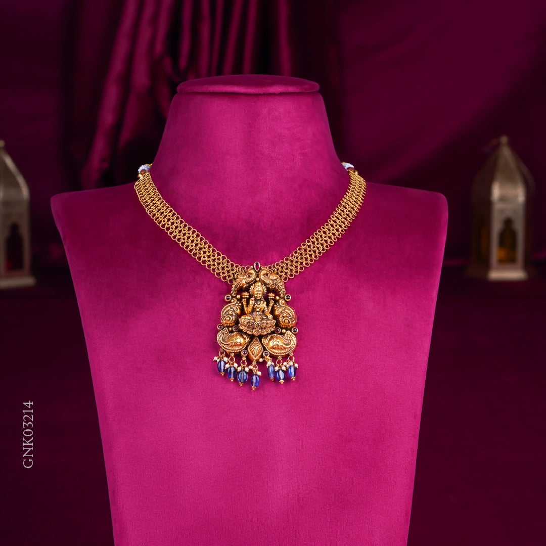 Temple Lakshmi Gold Pendant Necklace with Blue Stone Drops