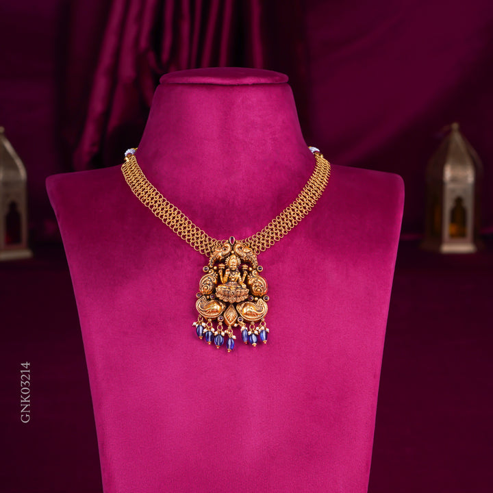 Temple Lakshmi Gold Pendant Necklace with Blue Stone Drops