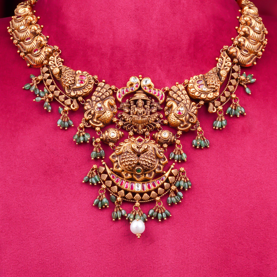 22KT Antique Temple Lakshmi Necklace with Green Beads