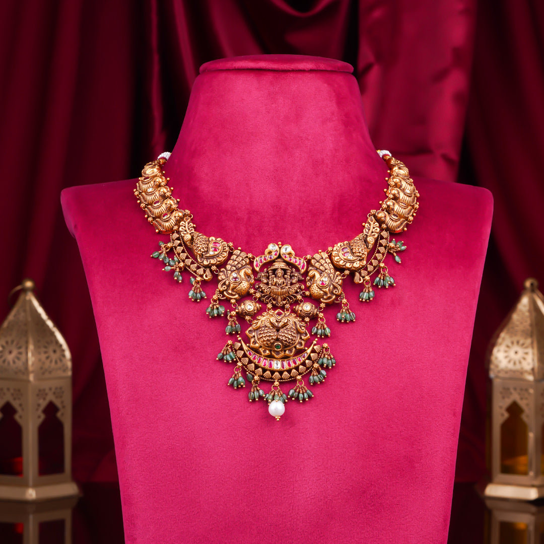 22KT Antique Temple Lakshmi Necklace with Green Beads