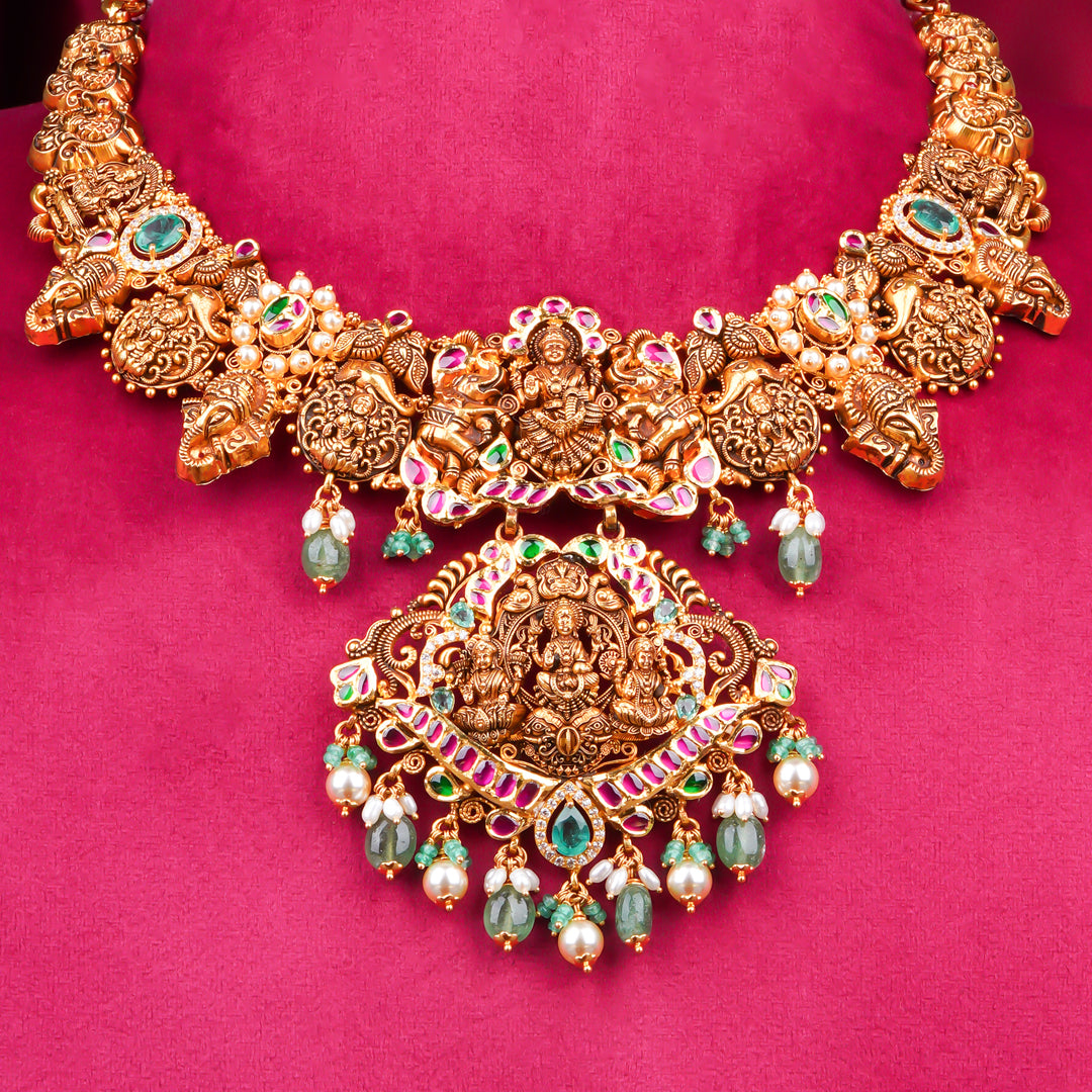 22KT Antique Temple Lakshmi Pendant Necklace with Green Beads