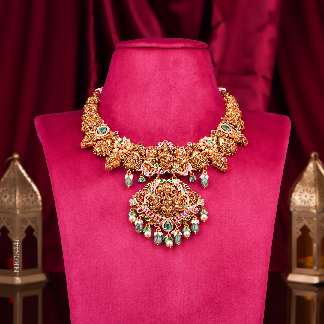 22KT Antique Temple Lakshmi Pendant Necklace with Green Beads