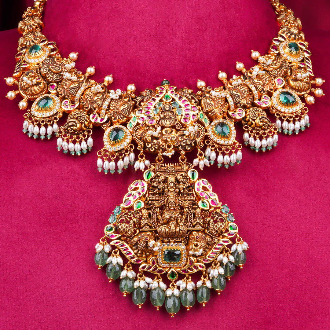 22KT Antique Temple Lakshmi Bridal Necklace with Green Beads