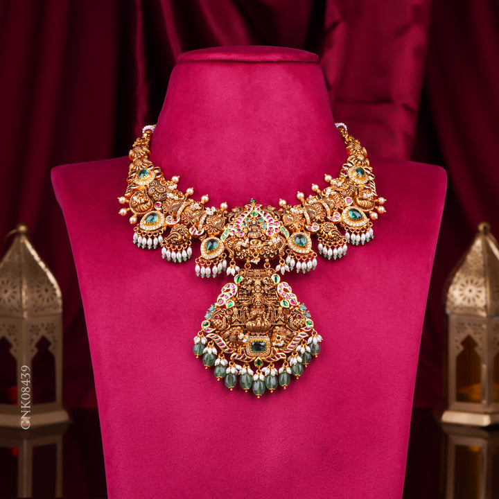 22KT Antique Temple Lakshmi Bridal Necklace with Green Beads