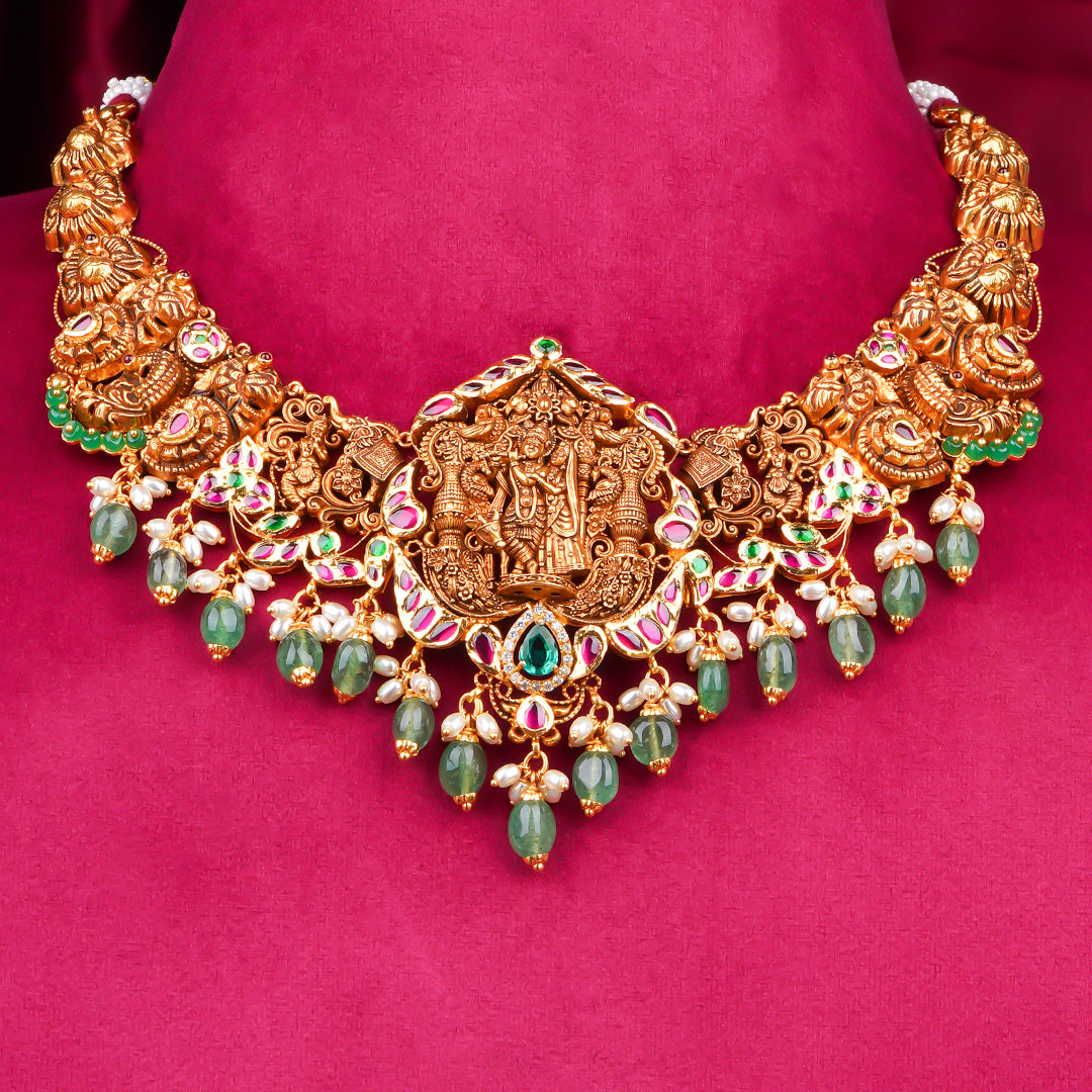 22KT Antique Temple Lakshmi Necklace with Green Beads