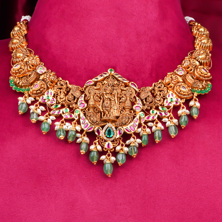 22KT Antique Temple Lakshmi Necklace with Green Beads
