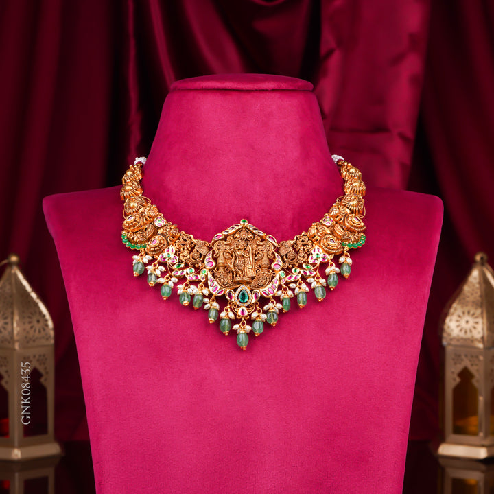 22KT Antique Temple Lakshmi Necklace with Green Beads