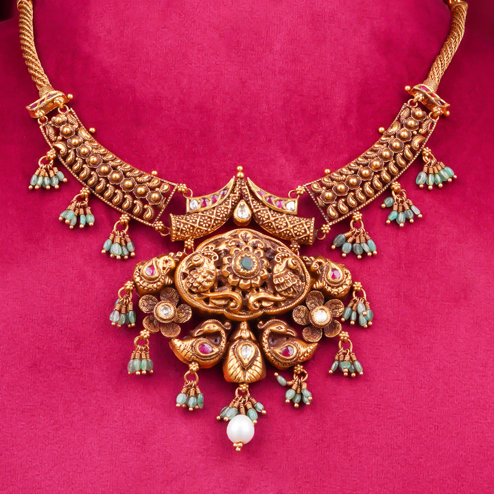 22KT Antique Temple Peacock Pendant Necklace with Green Beads