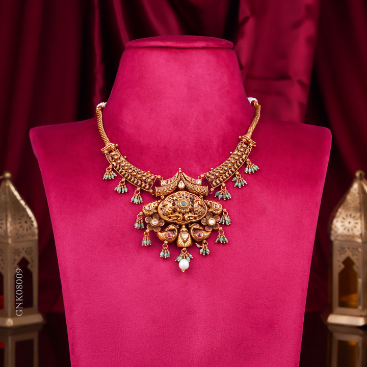 22KT Antique Temple Peacock Pendant Necklace with Green Beads