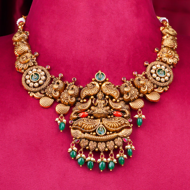 22KT Antique Temple Lakshmi Necklace with Green Beads