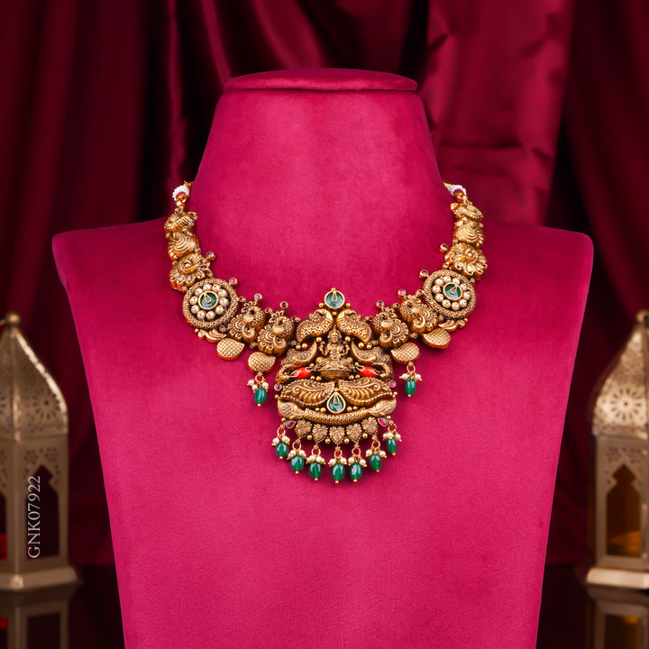 22KT Antique Temple Lakshmi Necklace with Green Beads