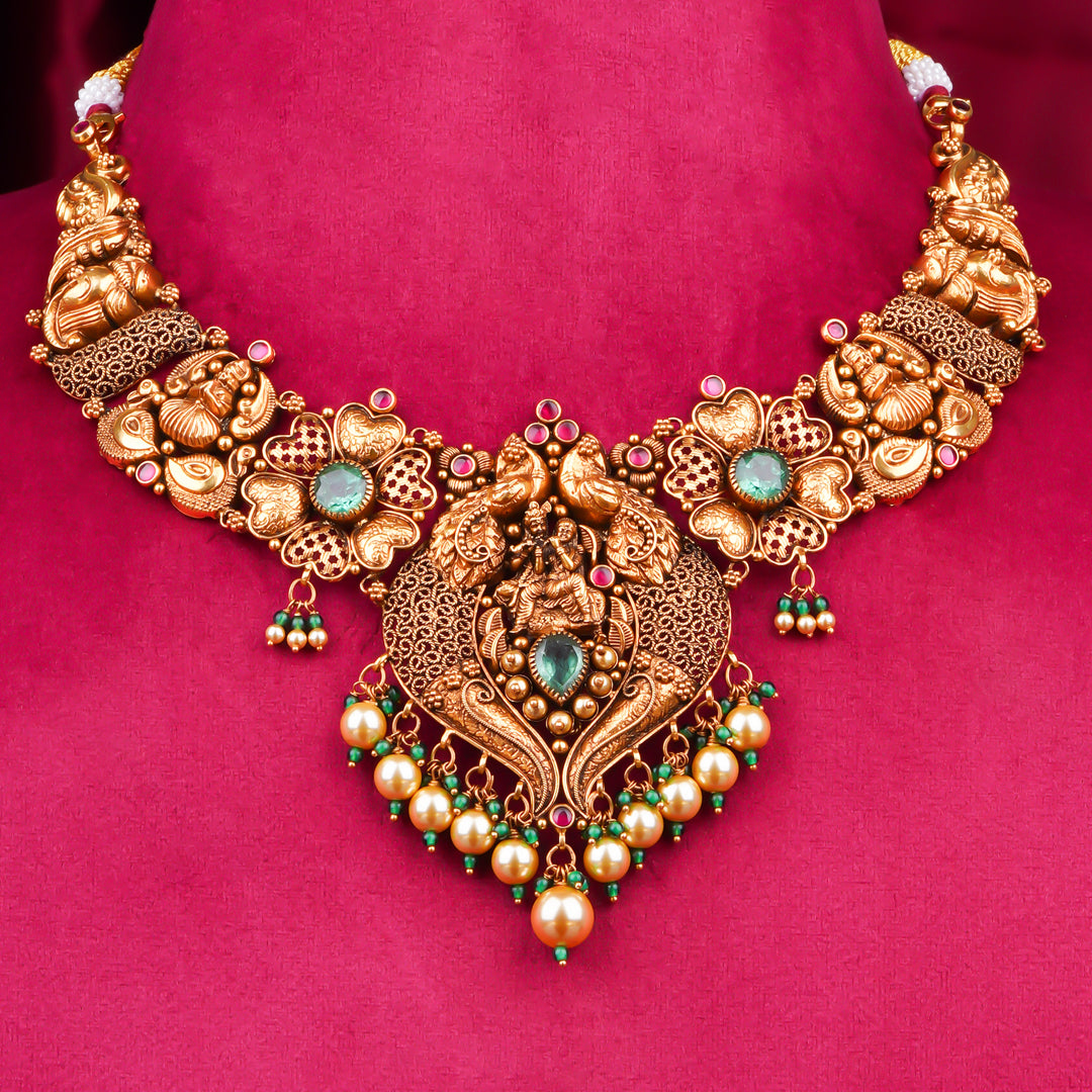 22KT Antique Temple Lakshmi Necklace with Pearl Drops