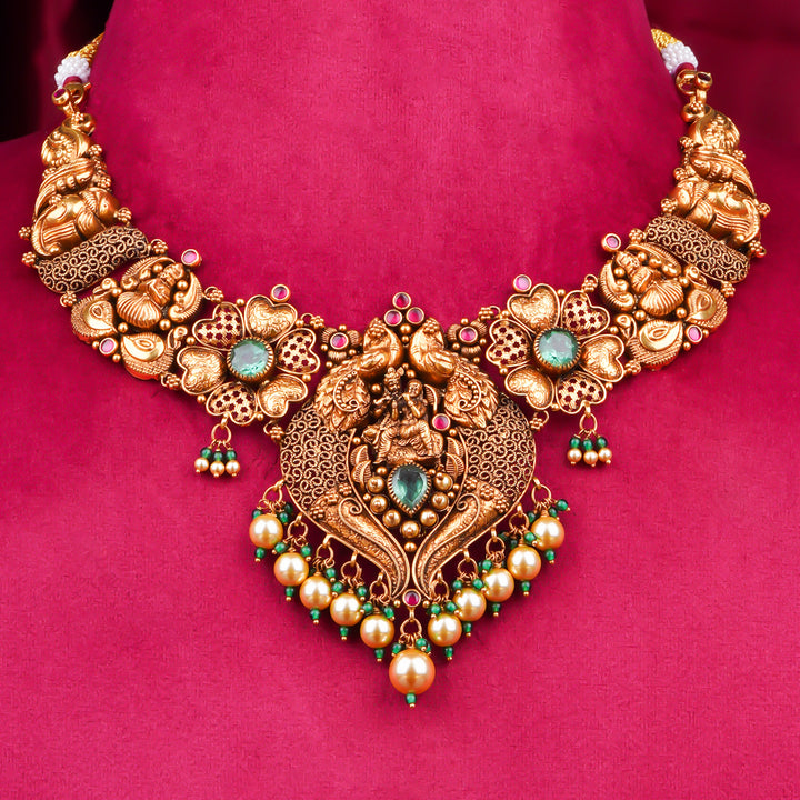 22KT Antique Temple Lakshmi Necklace with Pearl Drops