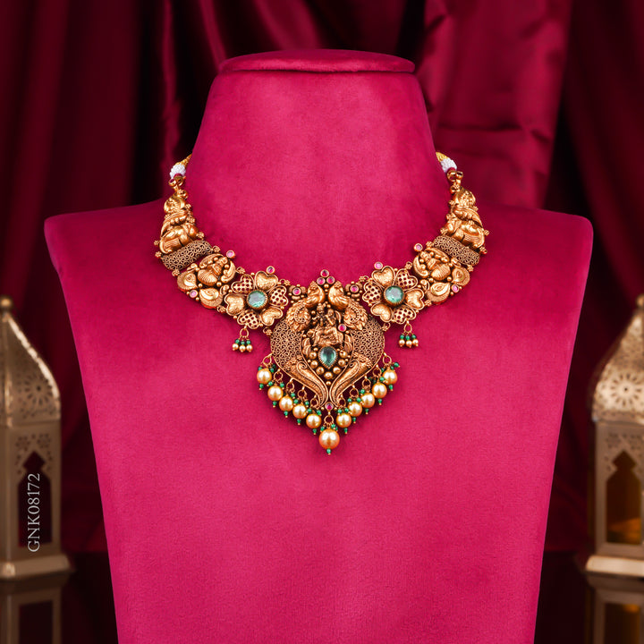 22KT Antique Temple Lakshmi Necklace with Pearl Drops