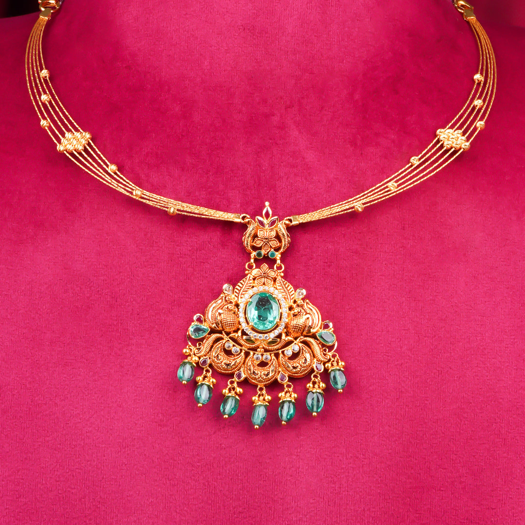 22KT Antique Temple Lakshmi Necklace with Green Beads