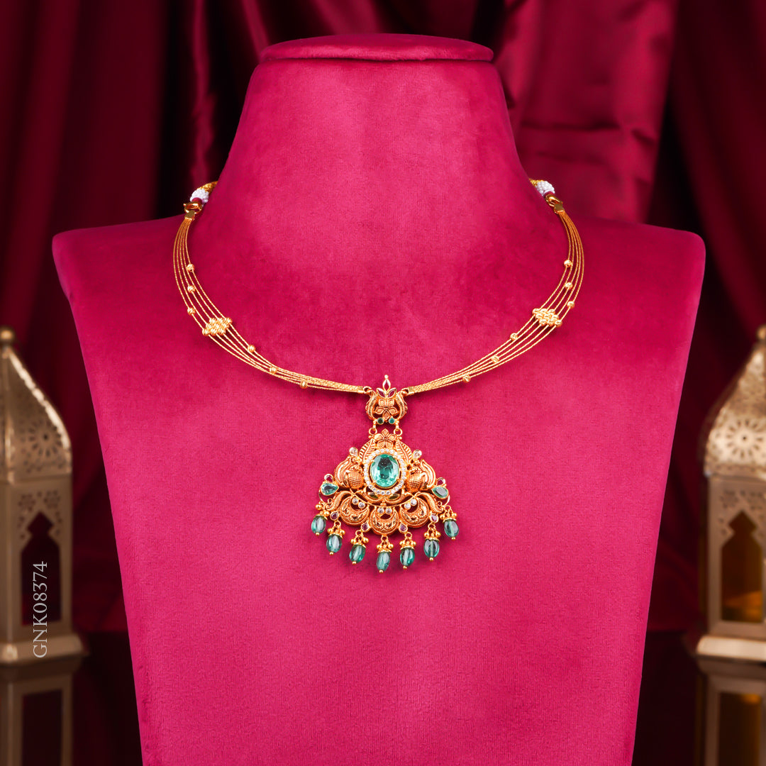 22KT Antique Temple Lakshmi Necklace with Green Beads