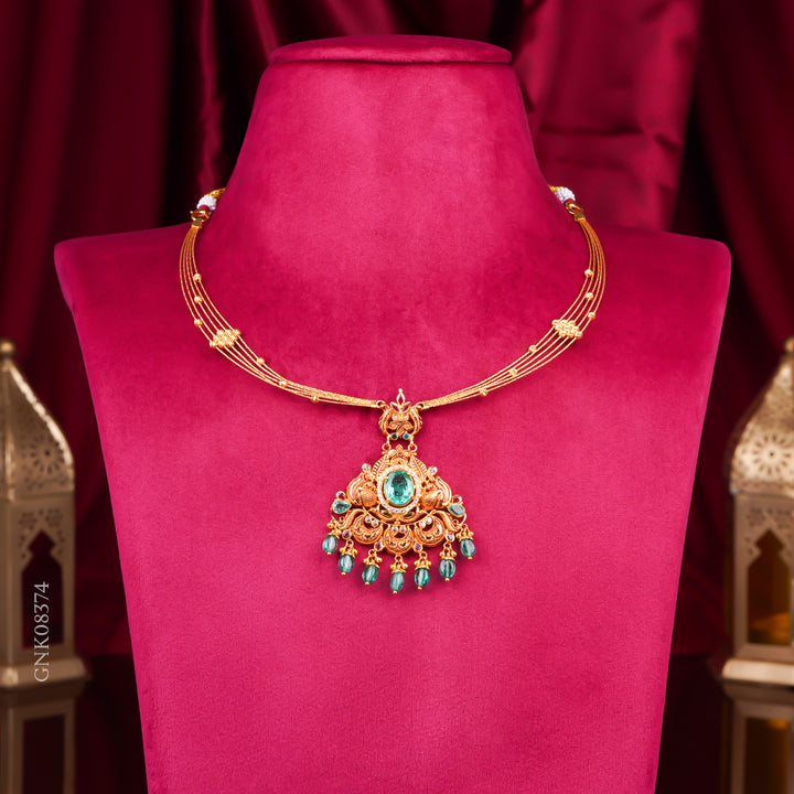 22KT Antique Temple Lakshmi Necklace with Green Beads
