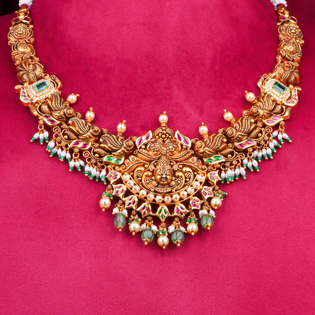 22KT Antique Temple Lakshmi Necklace with Green Beads