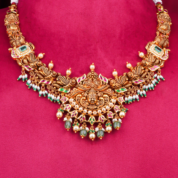 22KT Antique Temple Lakshmi Necklace with Green Beads