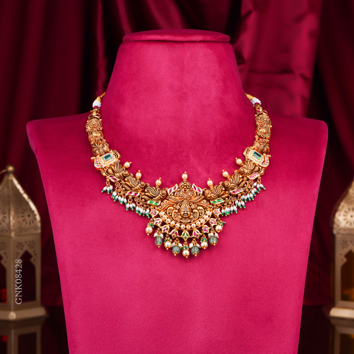 22KT Antique Temple Lakshmi Necklace with Green Beads
