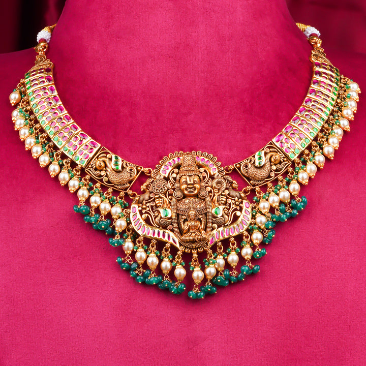 22KT Antique Temple Lakshmi Necklace with Pearl & Green Beads