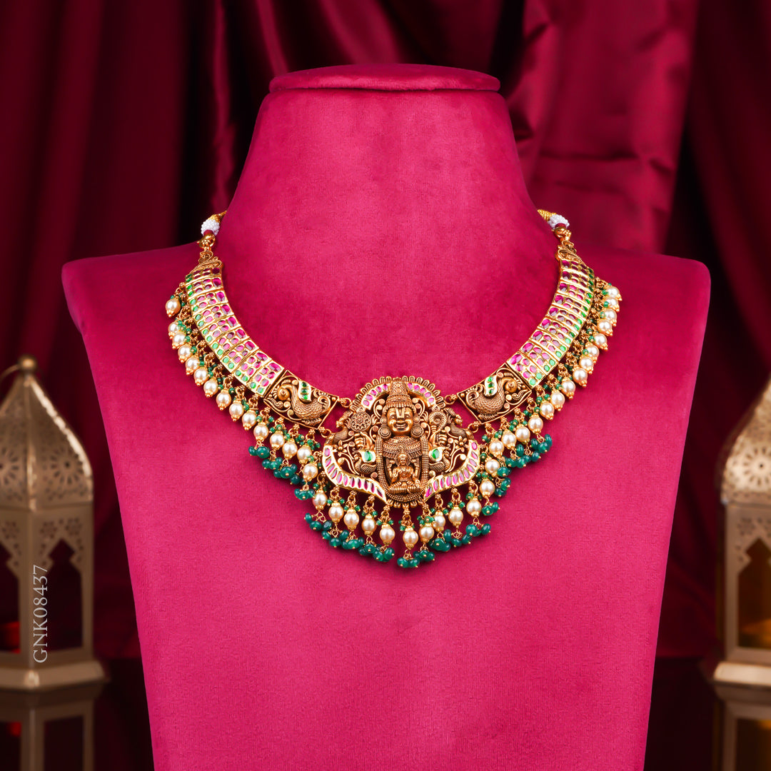 22KT Antique Temple Lakshmi Necklace with Pearl & Green Beads