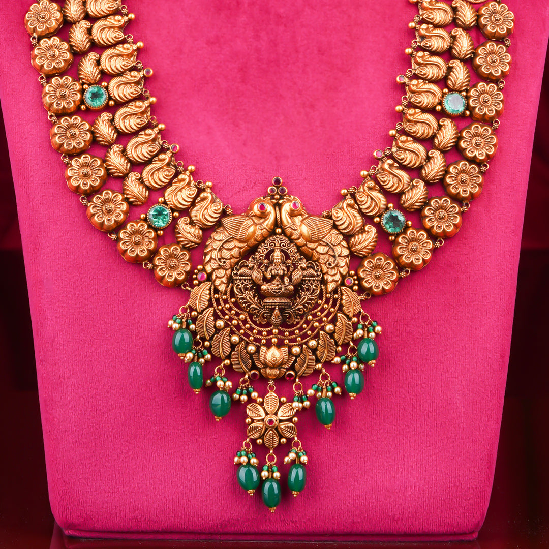 22KT Antique Temple Lakshmi Long Haram Necklace with Green Beads