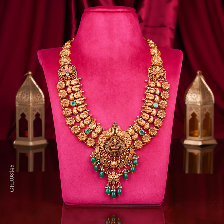 22KT Antique Temple Lakshmi Long Haram Necklace with Green Beads