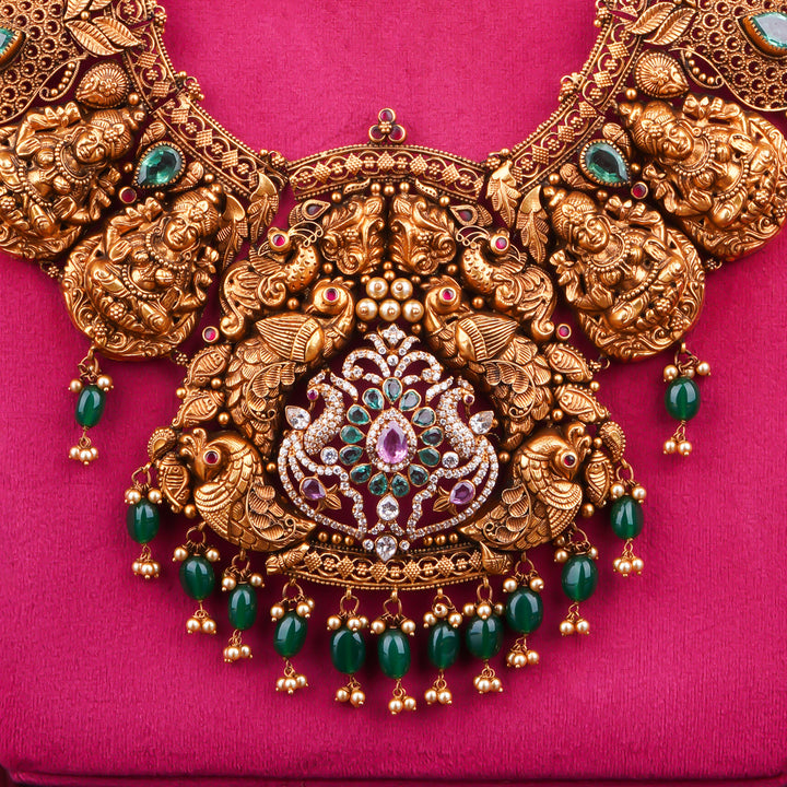 22KT Antique Temple Bridal Haram Necklace with Peacock Motifs