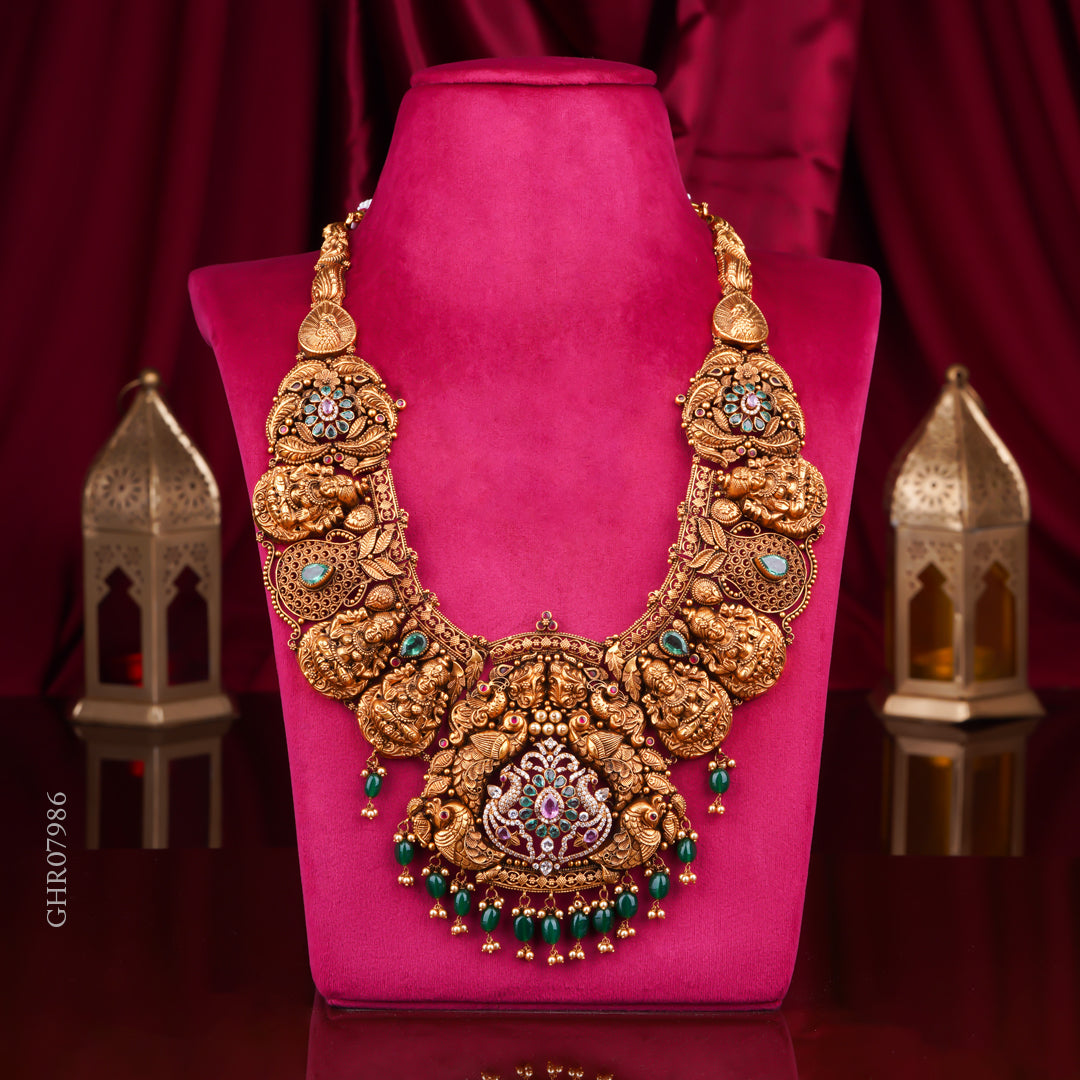 22KT Antique Temple Bridal Haram Necklace with Peacock Motifs