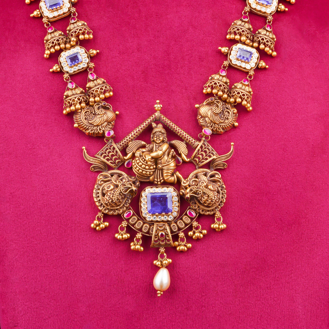 22KT Antique Temple Lakshmi Haram Necklace with Blue Stones