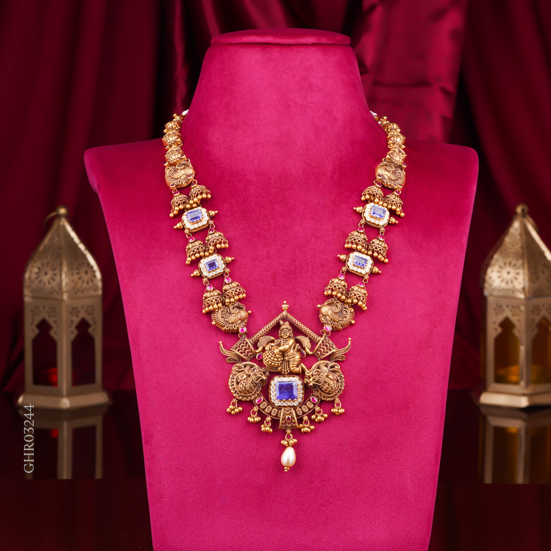 22KT Antique Temple Lakshmi Haram Necklace with Blue Stones