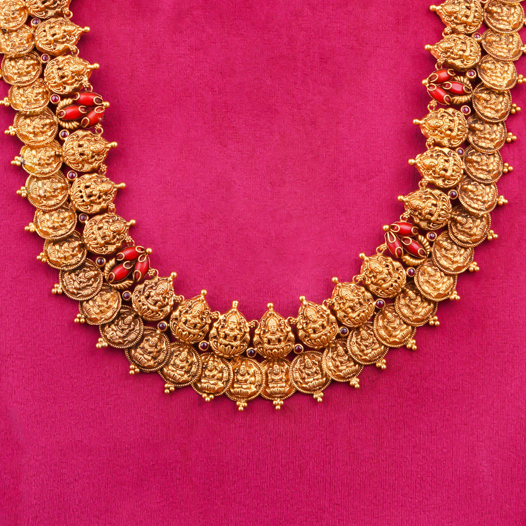 22KT Traditional Lakshmi Kasu Mala Coin Haram with Red Stones