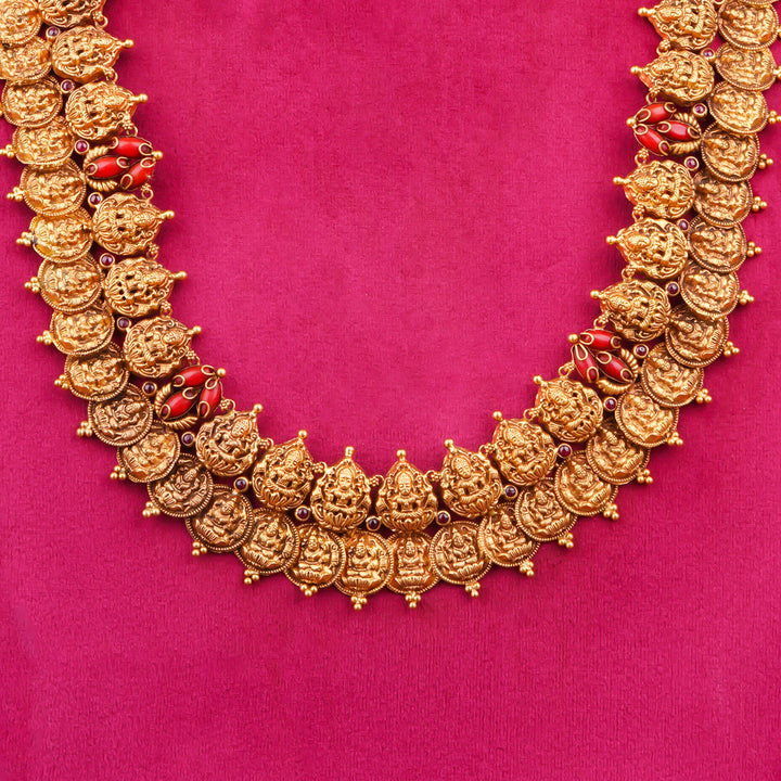 22KT Traditional Lakshmi Kasu Mala Coin Haram with Red Stones