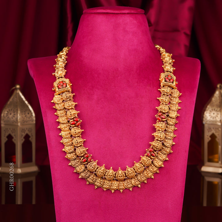22KT Traditional Lakshmi Kasu Mala Coin Haram with Red Stones