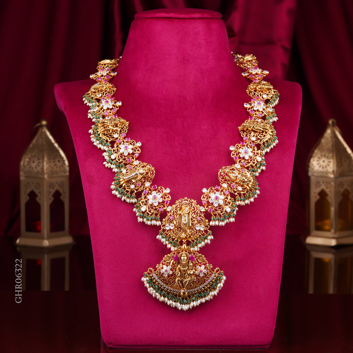 22KT Temple Lakshmi Bridal Haram with Floral Motifs & Pearl Drops