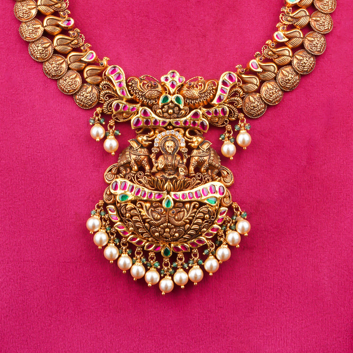 22KT Temple Lakshmi Kasu Haram with Antique Pendant & Pearl Drops