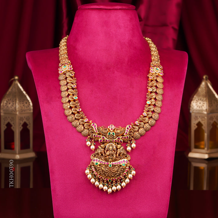 22KT Temple Lakshmi Kasu Haram with Antique Pendant & Pearl Drops