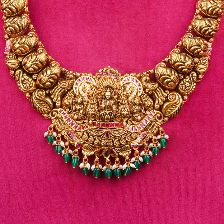 22KT Antique Temple Lakshmi Haram Necklace with Green Bead Drops