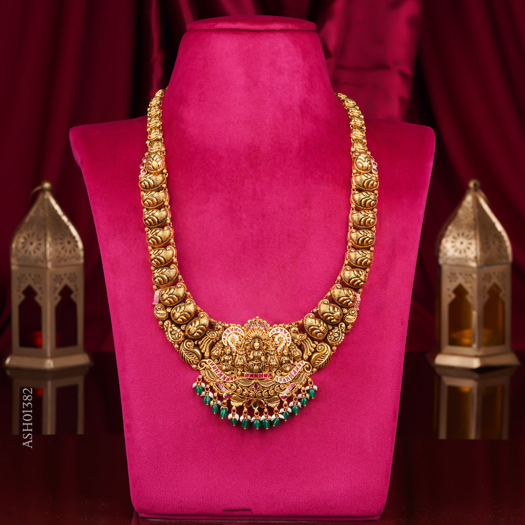 22KT Antique Temple Lakshmi Haram Necklace with Green Bead Drops