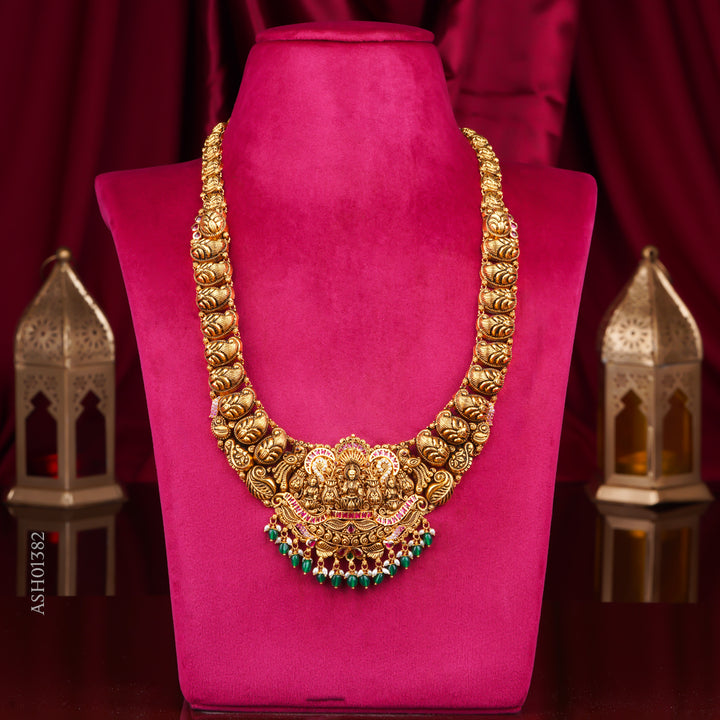 22KT Antique Temple Lakshmi Haram Necklace with Green Bead Drops