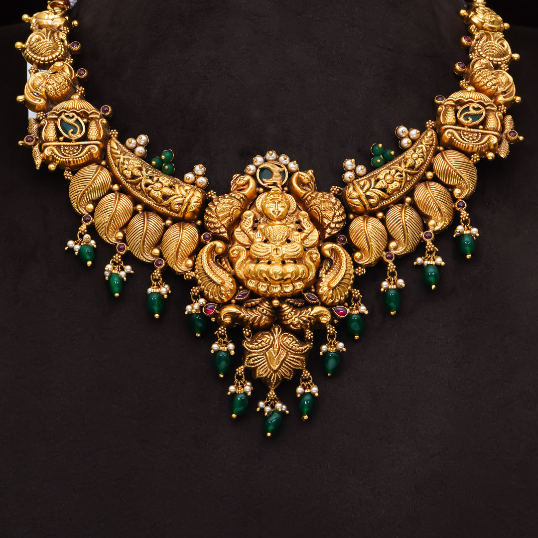 22KT Antique Temple Lakshmi Necklace with Green Bead Drops
