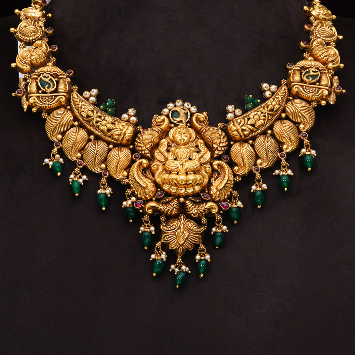 22KT Antique Temple Lakshmi Necklace with Green Bead Drops