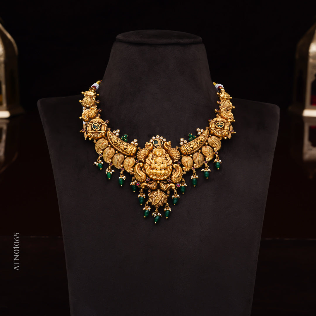 22KT Antique Temple Lakshmi Necklace with Green Bead Drops