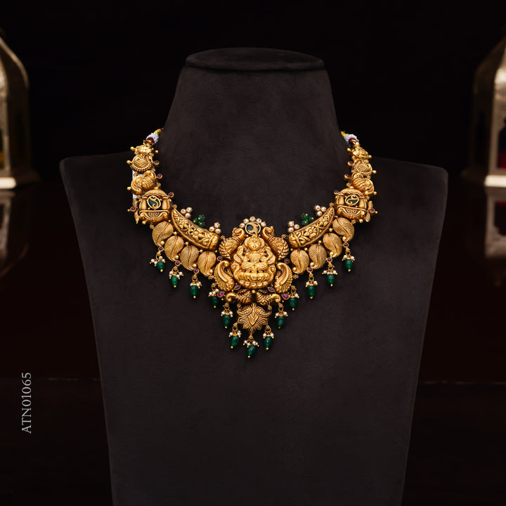 22KT Antique Temple Lakshmi Necklace with Green Bead Drops