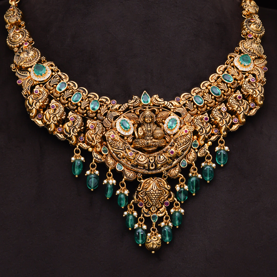 22KT Antique Temple Lakshmi Necklace with Green Stones