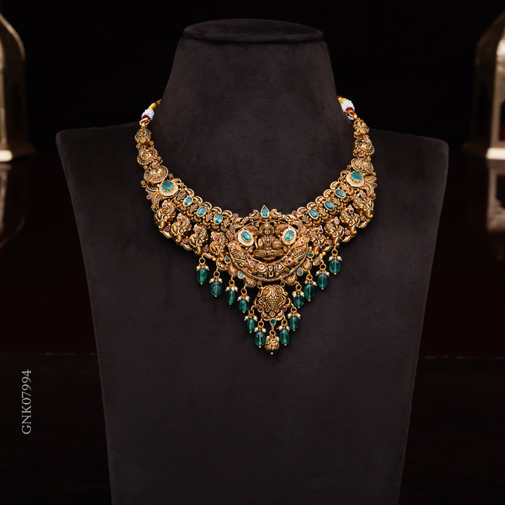 22KT Antique Temple Lakshmi Necklace with Green Stones